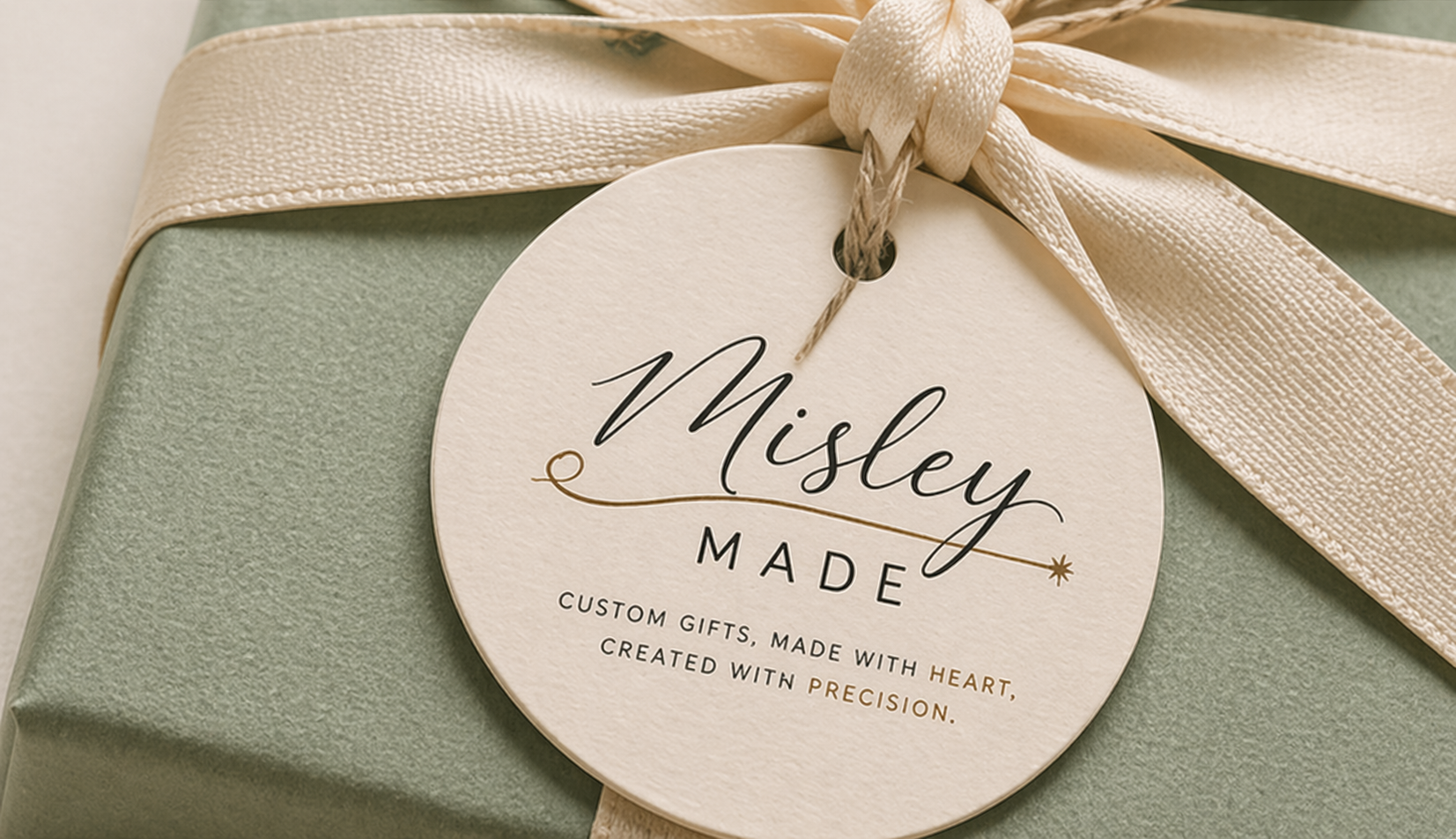 Misley Made branded gift tag on a sage green gift box