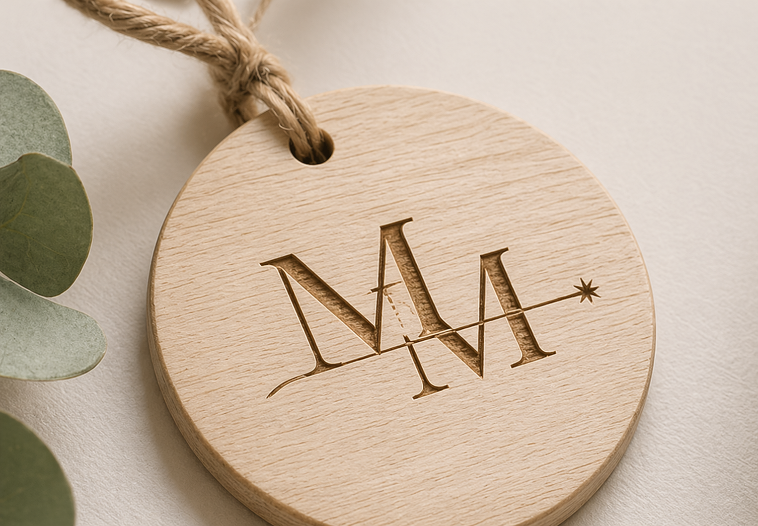 Laser-engraved wooden Misley Made monogram tag